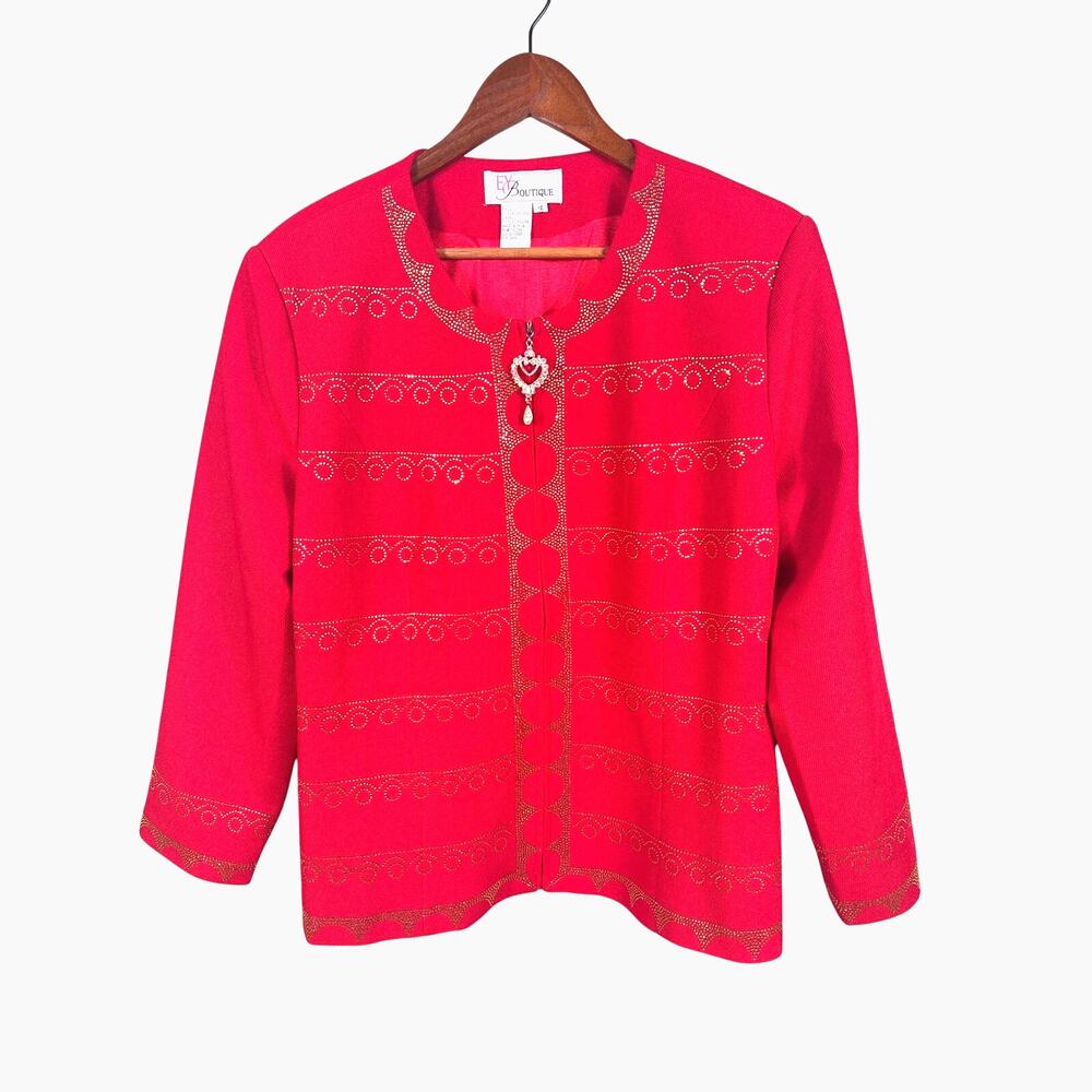 EY Boutique Jacket and Pencil Skirt Set Women's Size 16 Red Embellished Full Zip